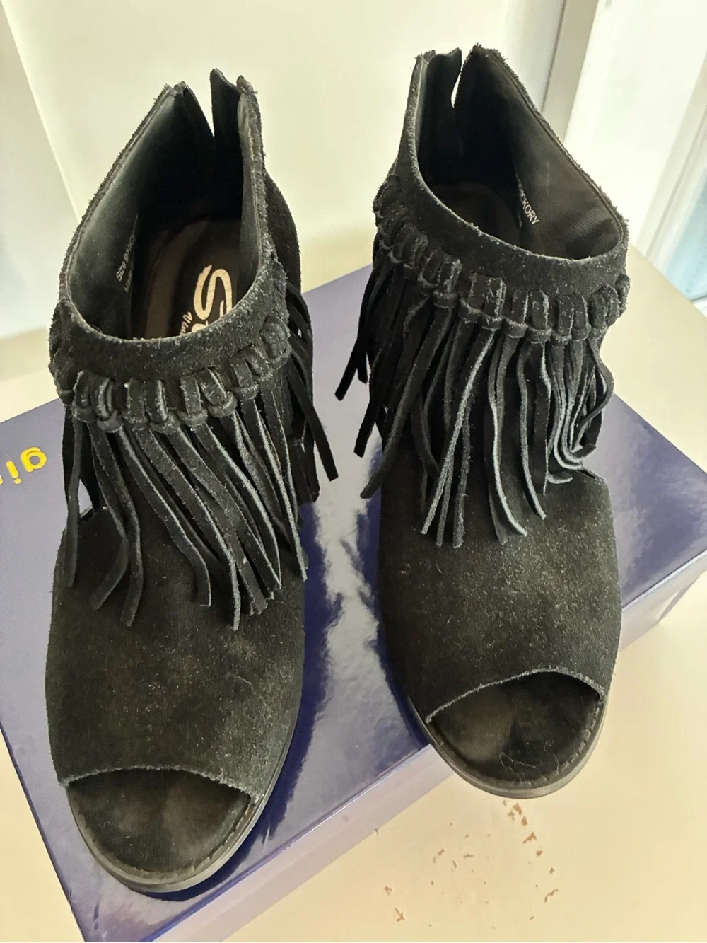 Sbicca black Fringe Peep-Toe Women’s Ankle Boots